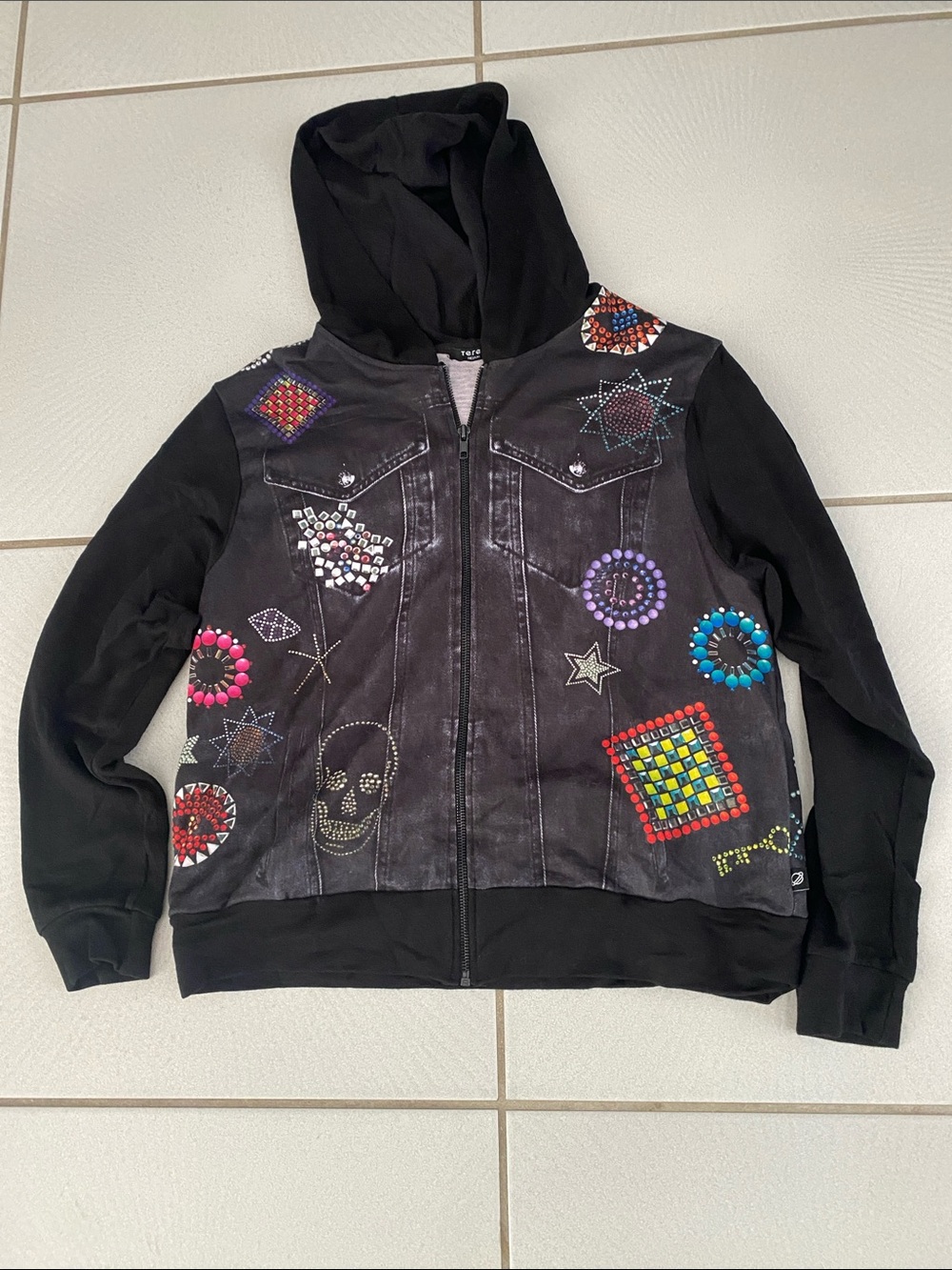 Terez Black Hooded Jacket with jewel skull details Light Gray Interior medium